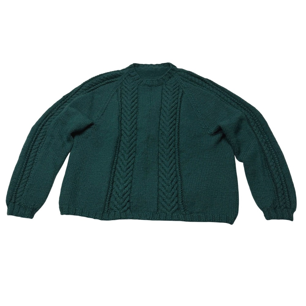 Handmade Hand knit Cable Sweater Womens M Aran Fisherman Dark Green Raglan